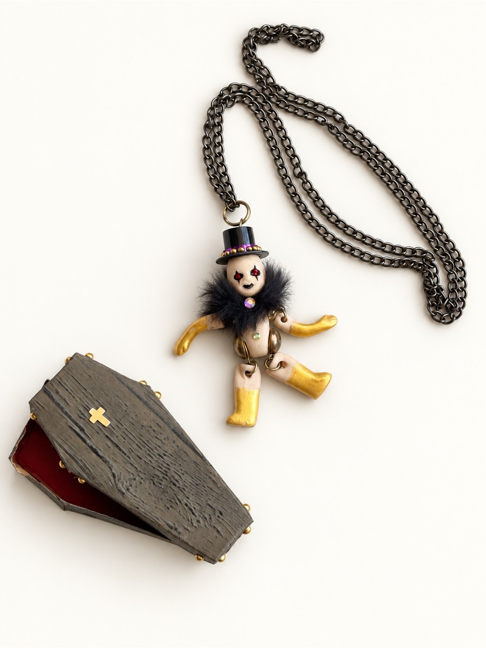 Gold & Black Clown Doll Pendant Necklace